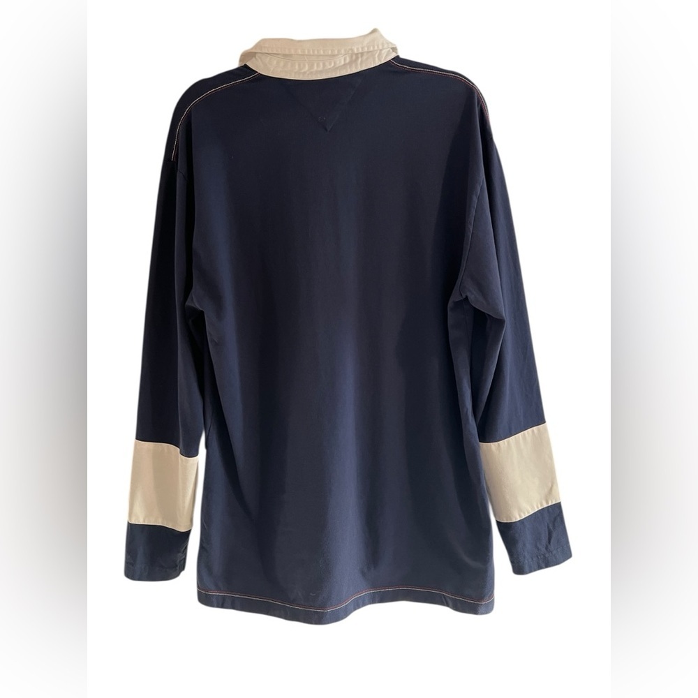 Tommy Hilfiger 100% Cotton Long Sleeve Navy & White Rugby Color Block Polo- Sz M - Picture 2 of 5